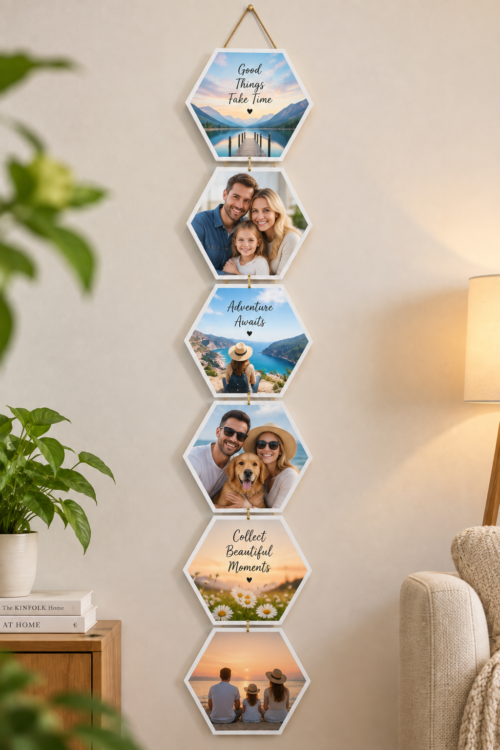 Personalized Hexagon Photo Wall Hanging – 6 Photo Frames